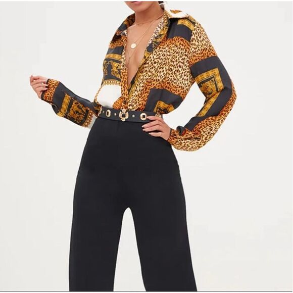 PrettyLittleThings Cheetah Blouse Button Animal Print Gold Black Satin Size M - Picture 1 of 14